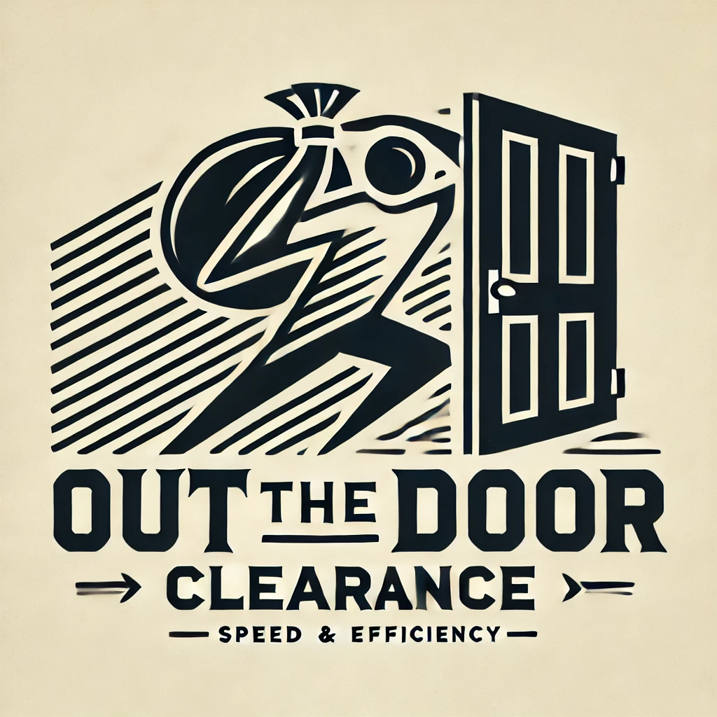 DALL·E 2025 02 17 18.44.25 A bold and energetic logo for Out The Door Clearance. The design features a dynamic open door with motion lines and arrows pointing outward symboli